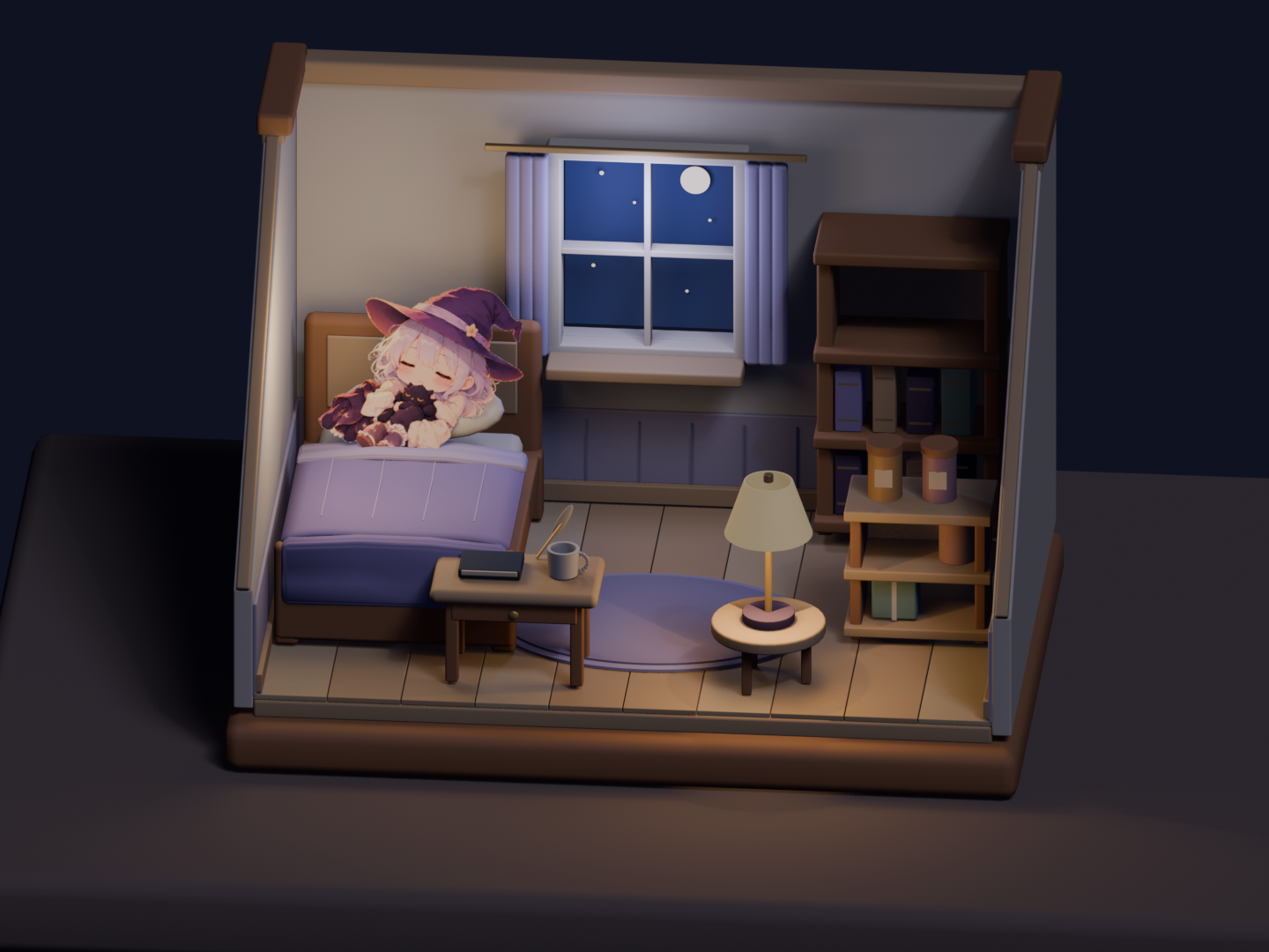 ネルがベッドで眠る小さな部屋